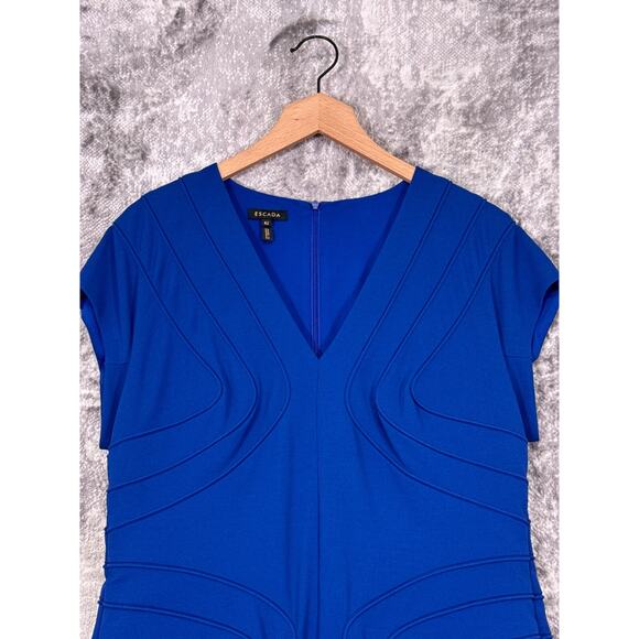 Escada Dress 42 / US 12 Womens Blue Bodycon Illusion Paneled Sheath Knee Midi - Picture 2 of 9